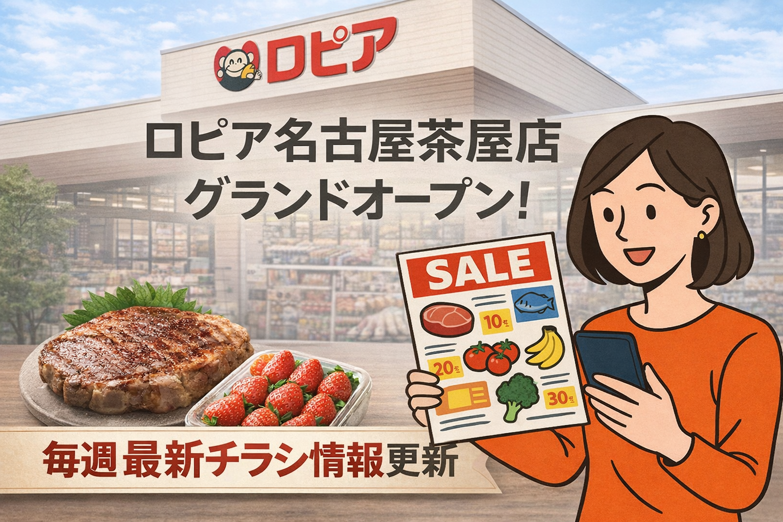 ロピア名古屋茶屋店の最新チラシ情報を毎週チェックできる案内イラスト