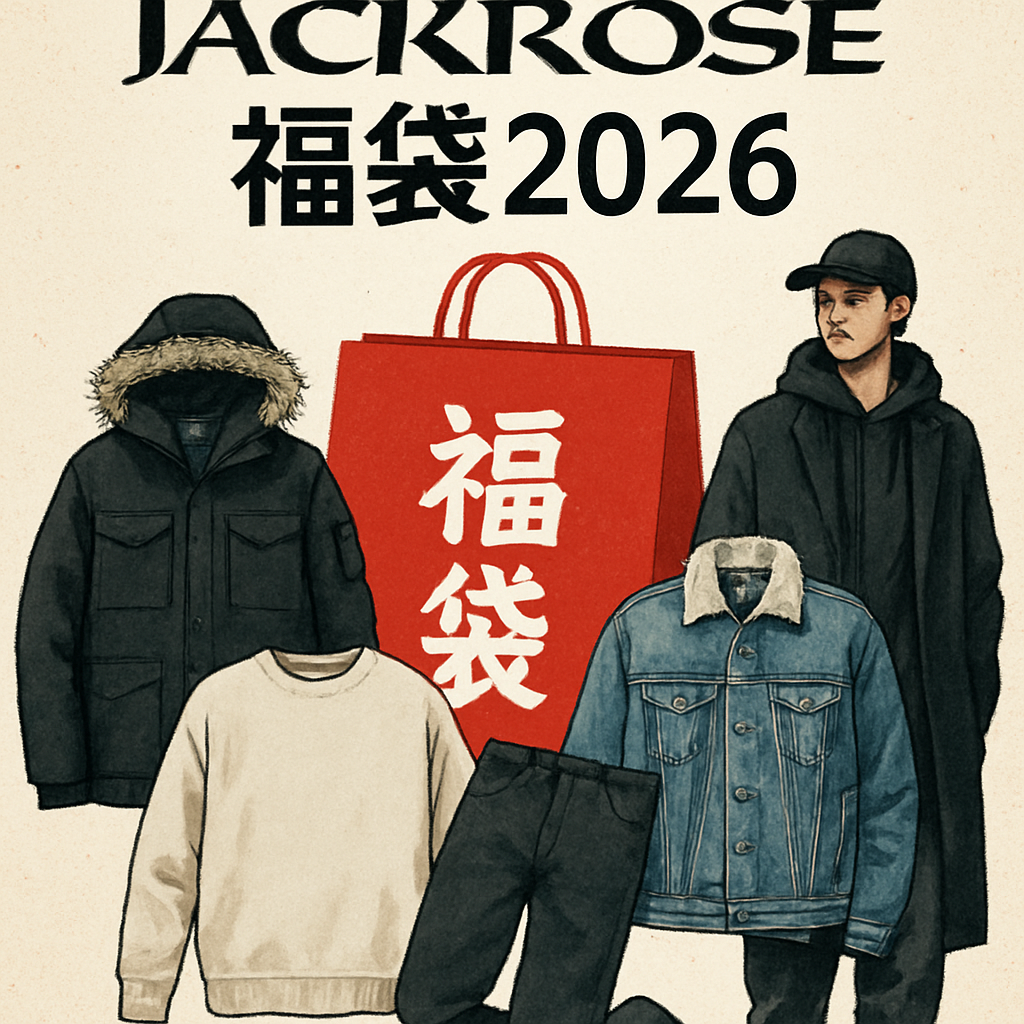 JACKROSE（ジャックローズ）福袋2026のイメージ画像です。冬アウターやデニムジャケットなどメンズアイテムが描かれた、ストリート感のあるデザインです。