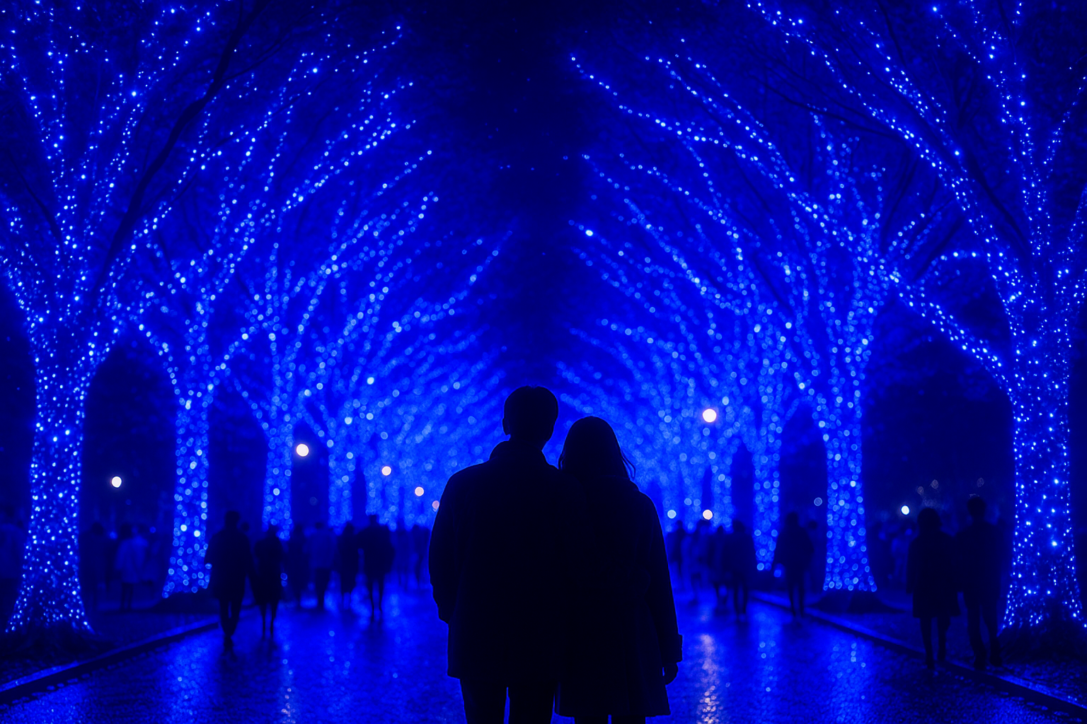 青の洞窟イルミネーション2025。青い光で彩られた渋谷のケヤキ並木をカップルが眺めている幻想的な夜景。