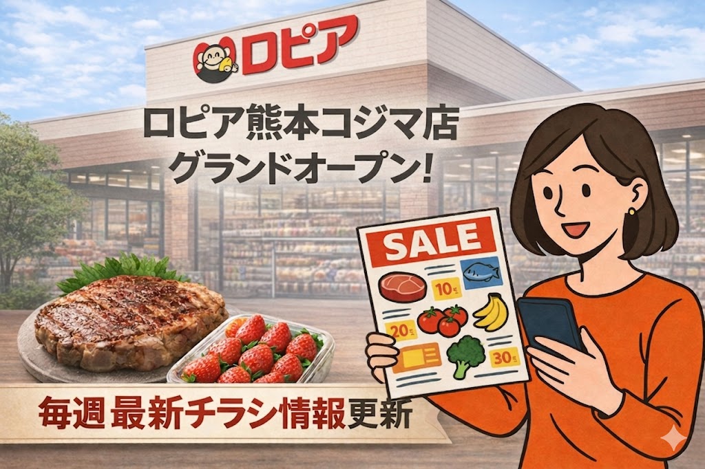 ロピア熊本コジマ店のグランドオープンと最新チラシ情報を伝えるアイキャッチイラスト