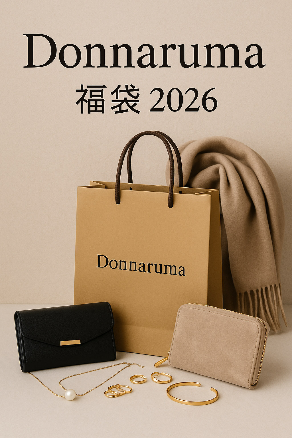 Donnaruma（ドンナルンマ）福袋2026のイメージ画像。ブランドロゴ入り紙袋と、ブラックとベージュの財布、ゴールドアクセサリー、ストールなど大人女性向けの上品アイテムが並ぶビジュアルです。