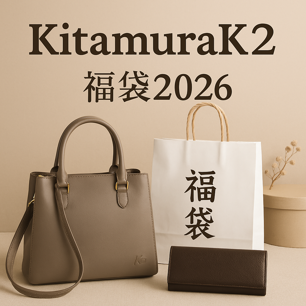 KitamuraK2（キタムラK2）福袋2026のイメージ画像。上質感のある2WAYバッグと牛革財布、福袋パッケージがセットで並んだ大人上品なデザインが魅力です。