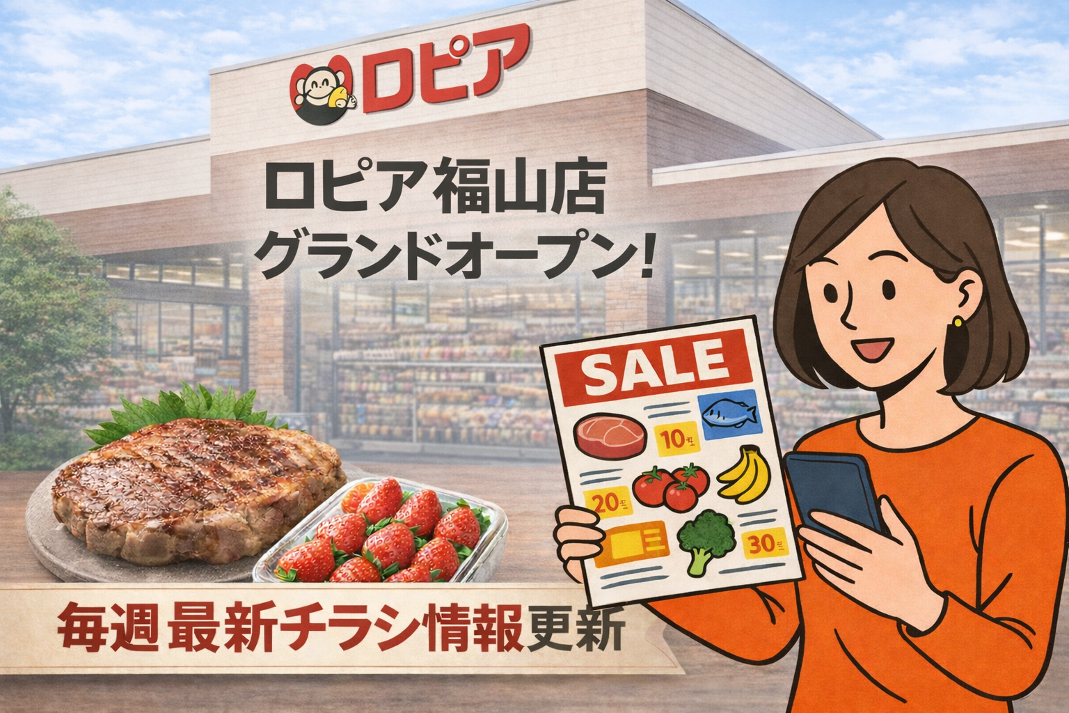 ロピア福山店のグランドオープンと最新チラシ情報を伝えるアイキャッチイラスト