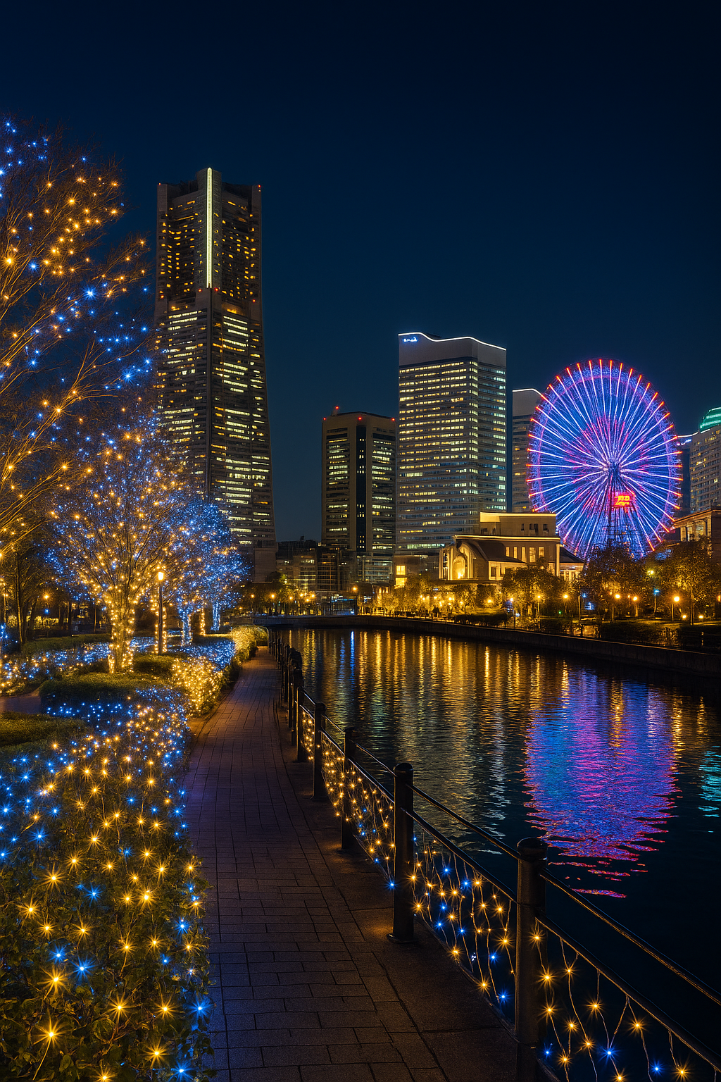 横浜みなとみらいの夜景とイルミネーションが輝く遊歩道。観覧車やビル夜景が水面に映り込む幻想的な光景